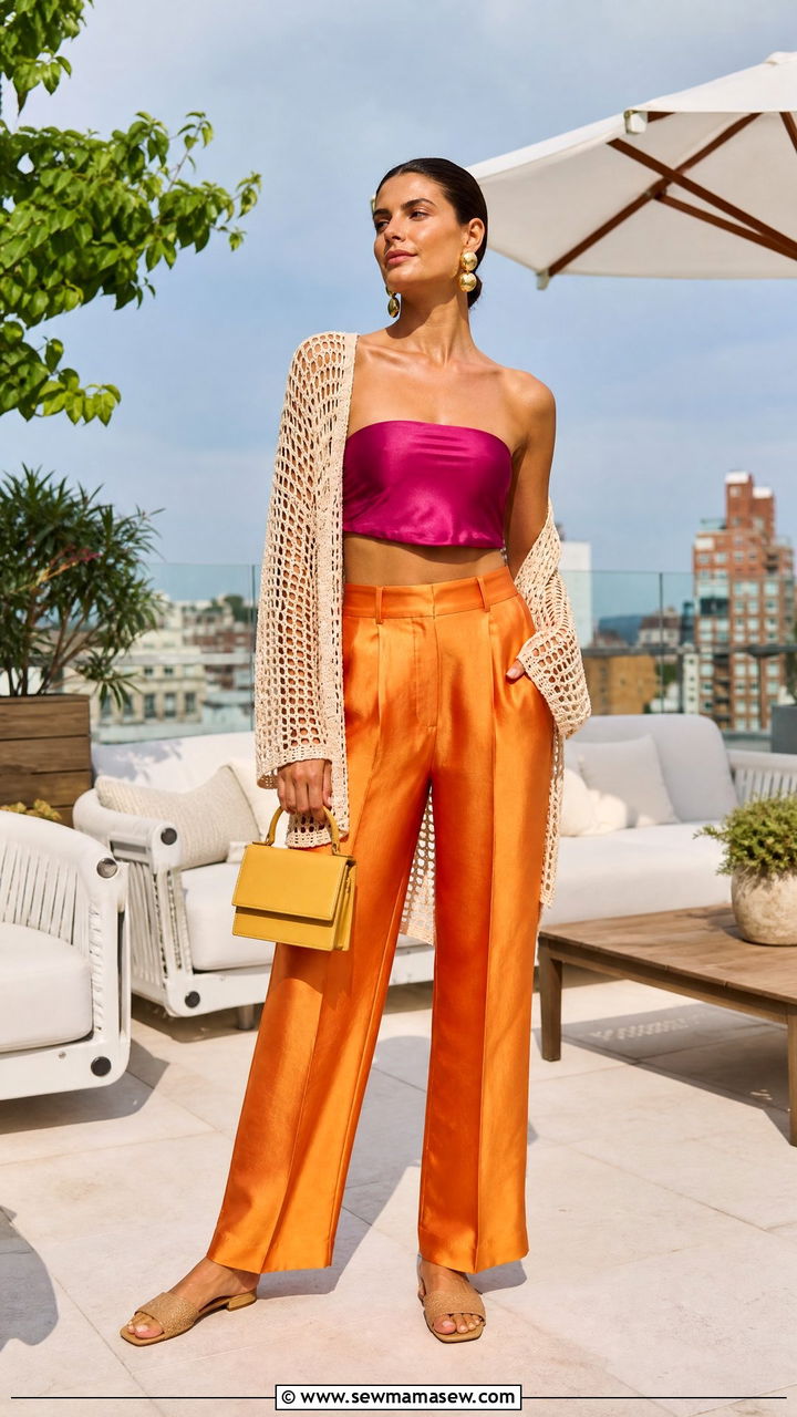 Silk bandeau top and high waist pants - 30 Summer silk outfits