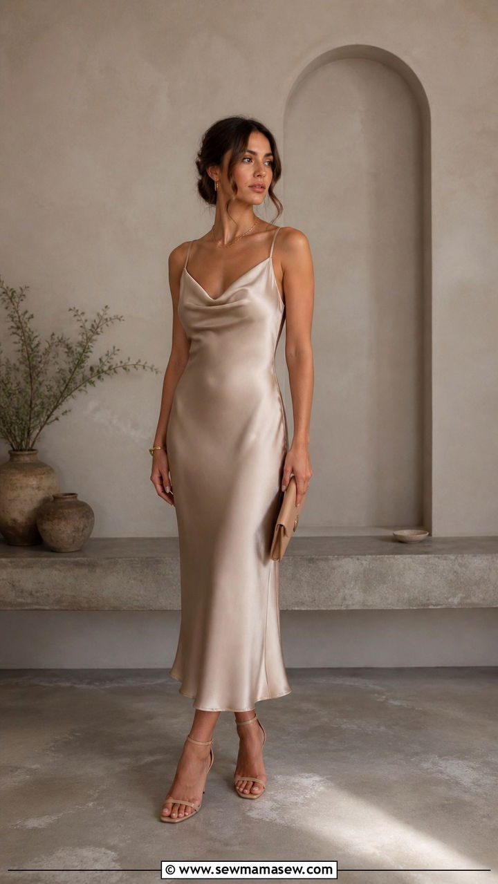 Silk bias cut midi slip dress with strappy sandals - 40 elegant outfits