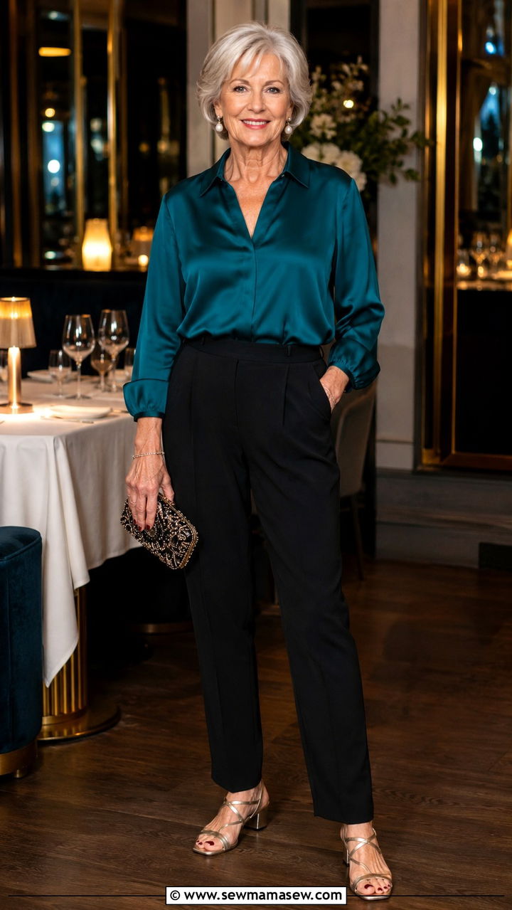 Silk blouse and crepe trousers outfit for women over 65 - 30 Outfit ideas for women over 65