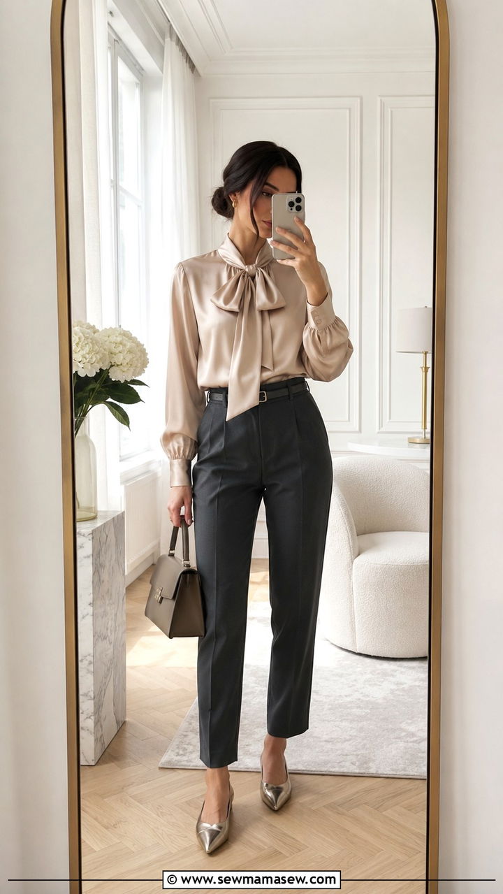 Silk blouse and matching scarf set - 25 Old money outfit ideas with silk scarf