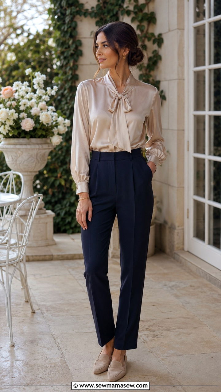 Silk blouse and navy trousers with loafers - 25 Old money outfit ideas with loafers