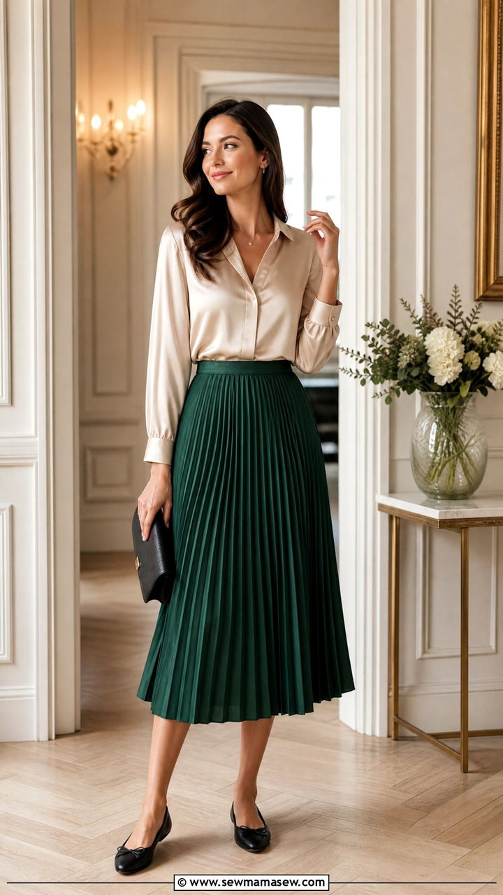 Silk blouse and pleated midi skirt with ballet flats - 25 Business casual outfits with flats