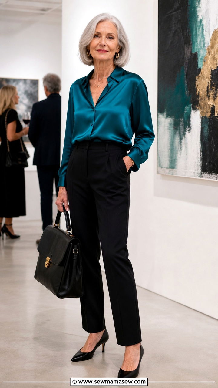 Silk blouse and tailored black trousers outfit over 60 - 40 How to dress in your 60s