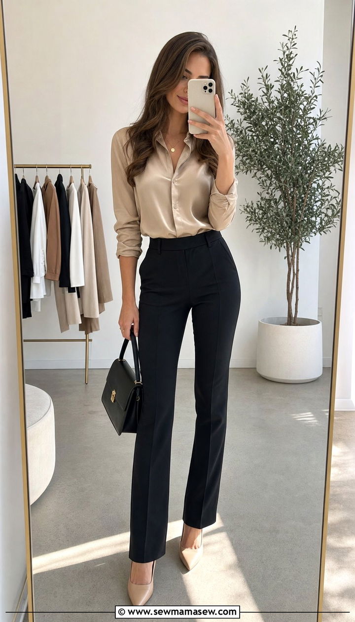 Silk blouse and tailored trousers office - 25 Corporate outfit ideas 2026