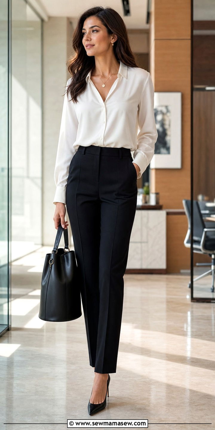 Silk blouse and tailored trousers with a polished leather bucket bag - 35 Bucket bag outfit ideas