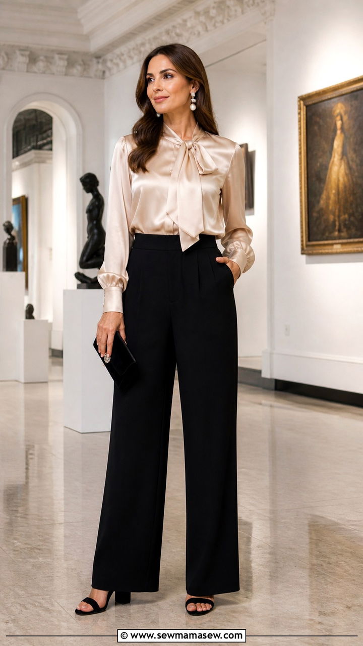 Silk blouse and wide leg trousers outfit - 40 Parisian chic outfit ideas