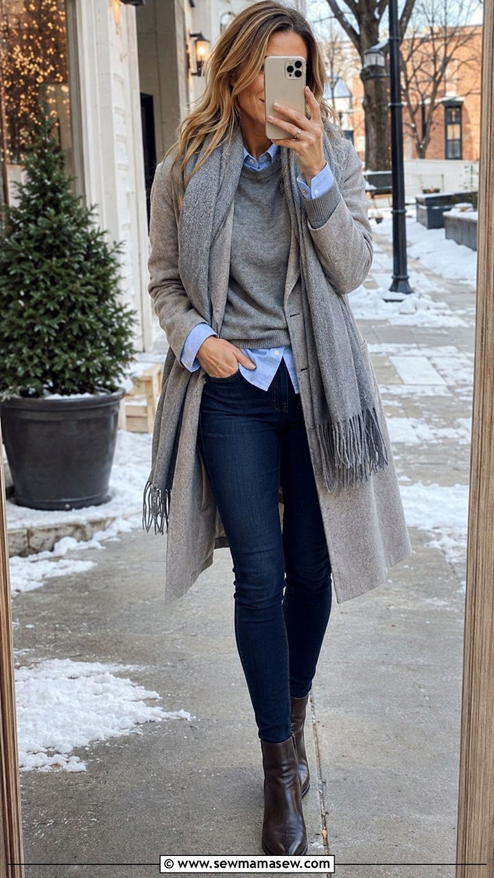 Silk blouse layered under a crewneck sweater and jeans - 30 How to style a silk blouse