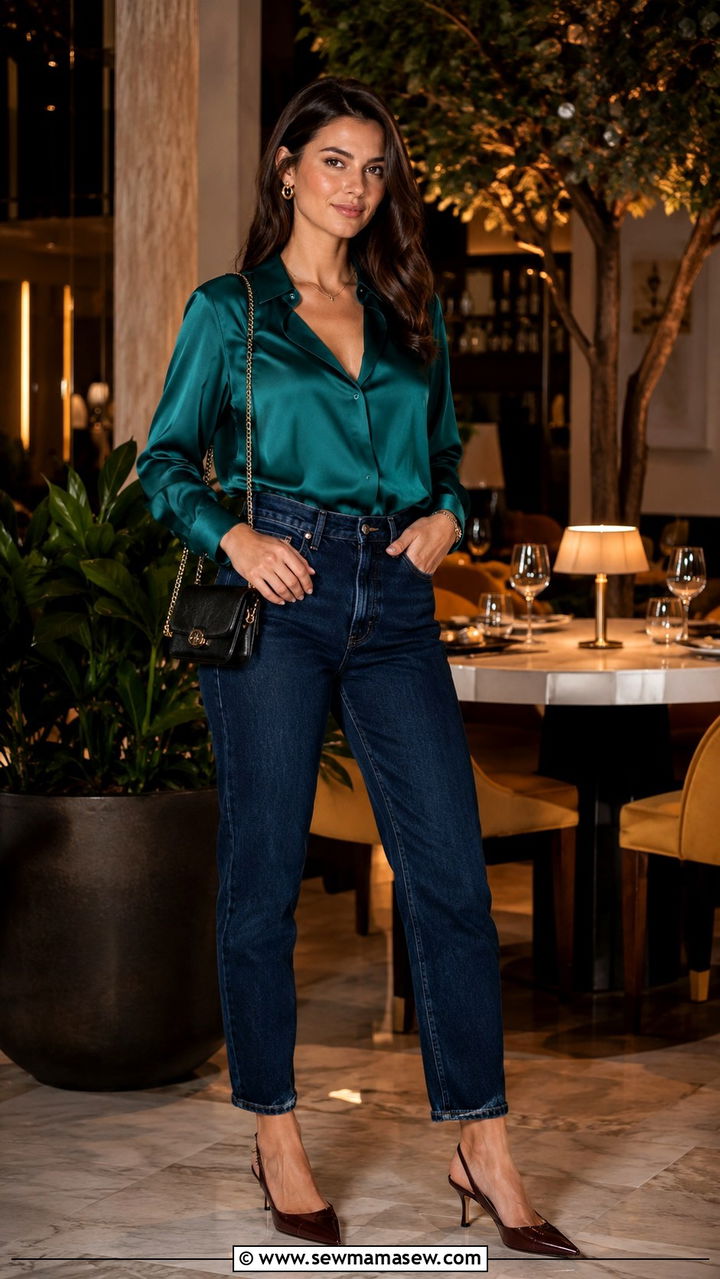 Silk blouse mom jeans heels outfit - 30 Mom jeans outfit ideas with heels