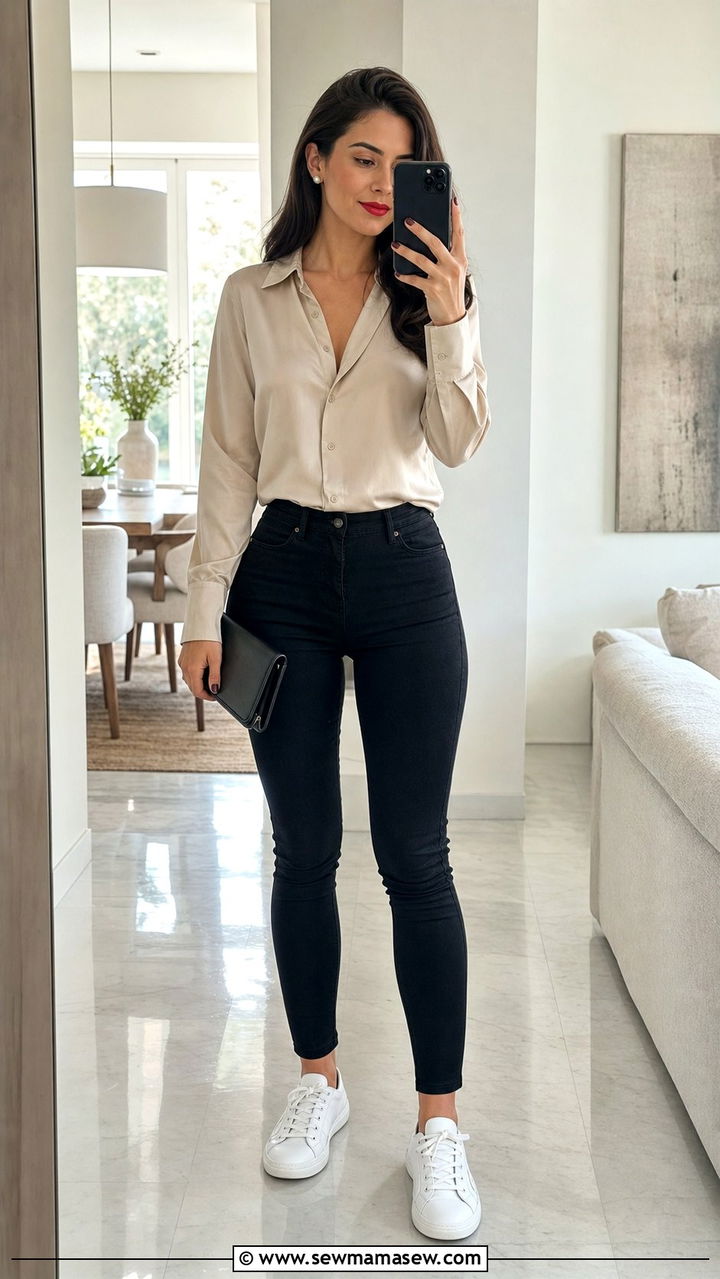 Silk blouse skinny jeans white sneakers outfit - 25 Skinny jeans outfit ideas with white sneakers