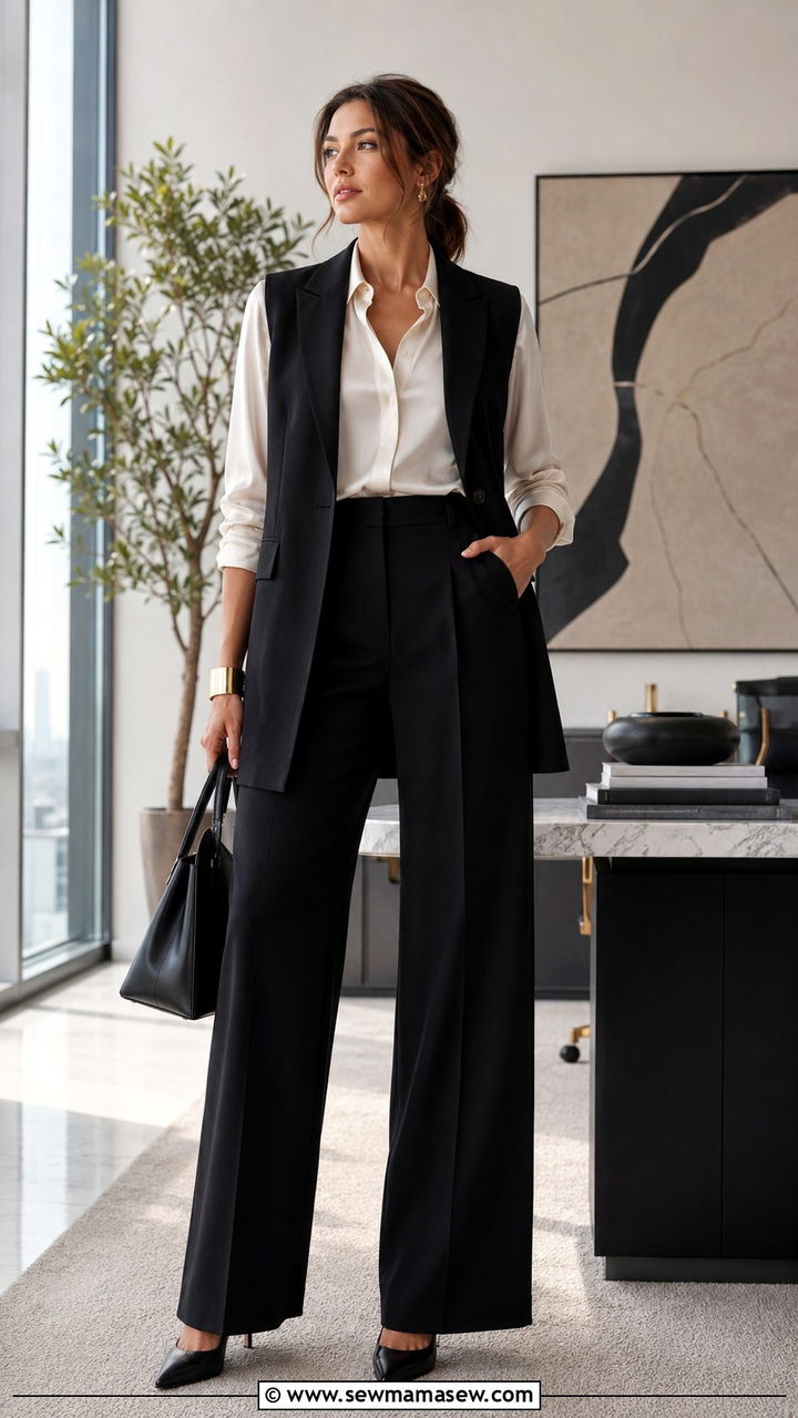 Silk blouse with a blazer vest and wide leg trousers - 30 How to style a silk blouse