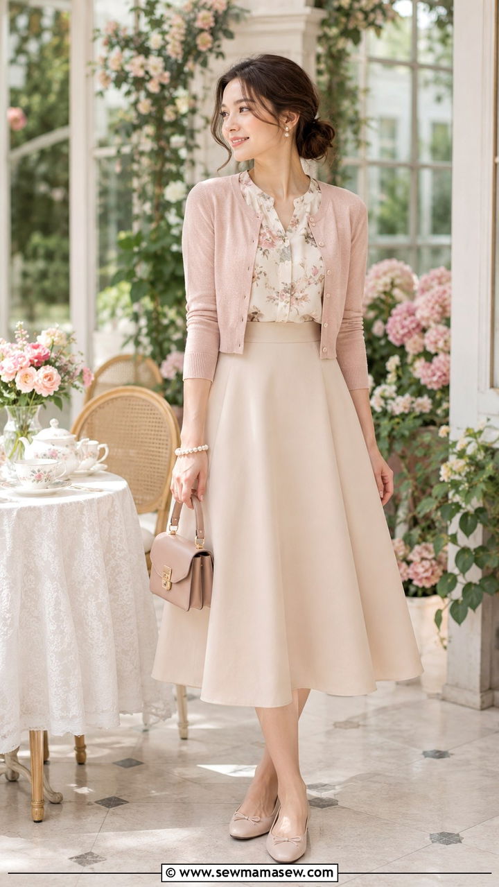 Silk blouse with a cropped cardigan and high waisted midi skirt - 30 How to style a silk blouse