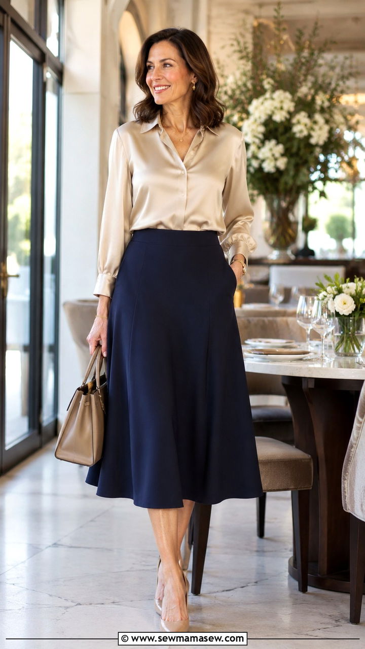 Silk blouse with a line midi skirt outfit - 25 Quiet luxury outfit ideas for women over 40