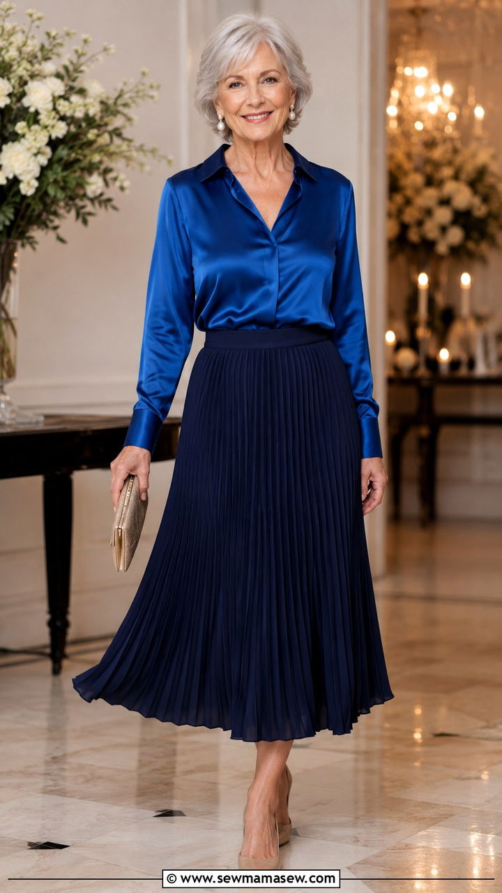 Silk blouse with a midi pleated skirt - 25 Modest outfits for women over 60