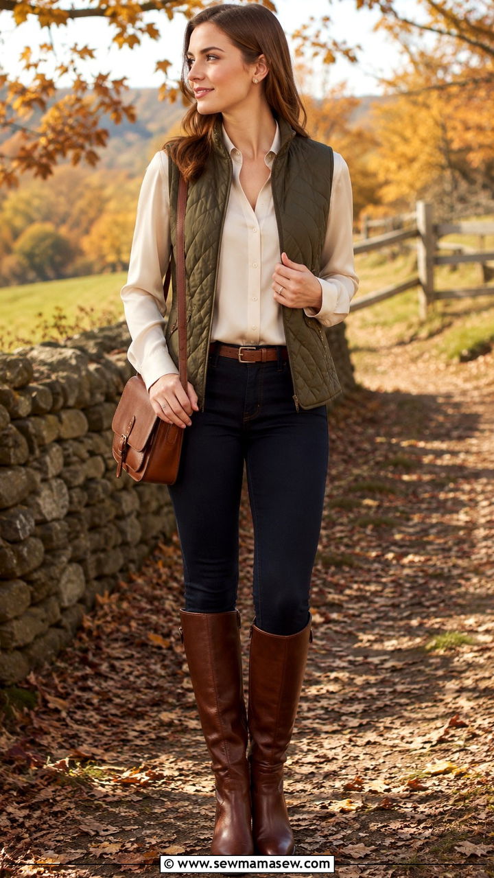 Silk blouse with a quilted vest and riding boots - 30 How to style a silk blouse