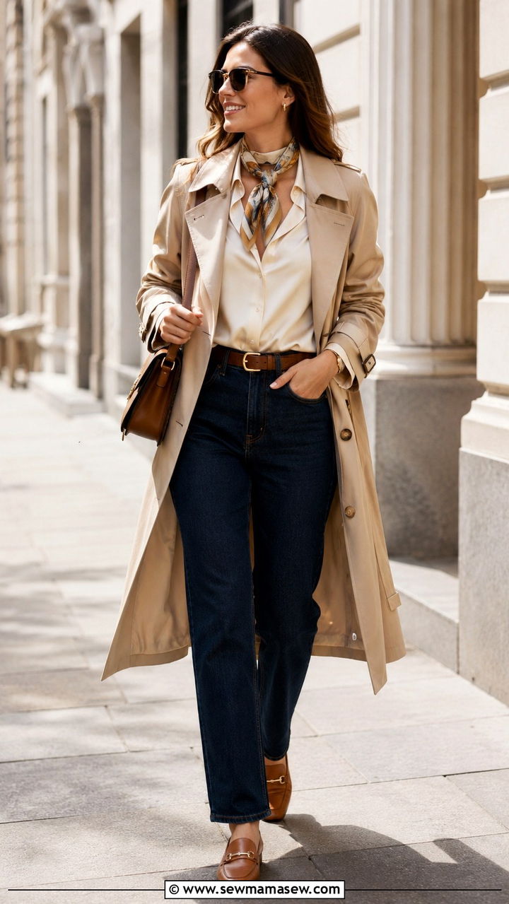 Silk blouse with a trench coat and straight leg jeans - 30 How to style a silk blouse