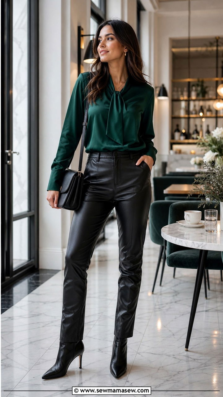 Silk blouse with faux leather trousers and heeled boots - 40 Chic brunch outfits