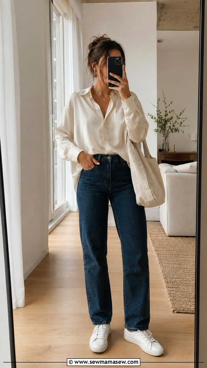 Silk blouse with high waisted jeans and sneakers - 30 How to style a silk blouse
