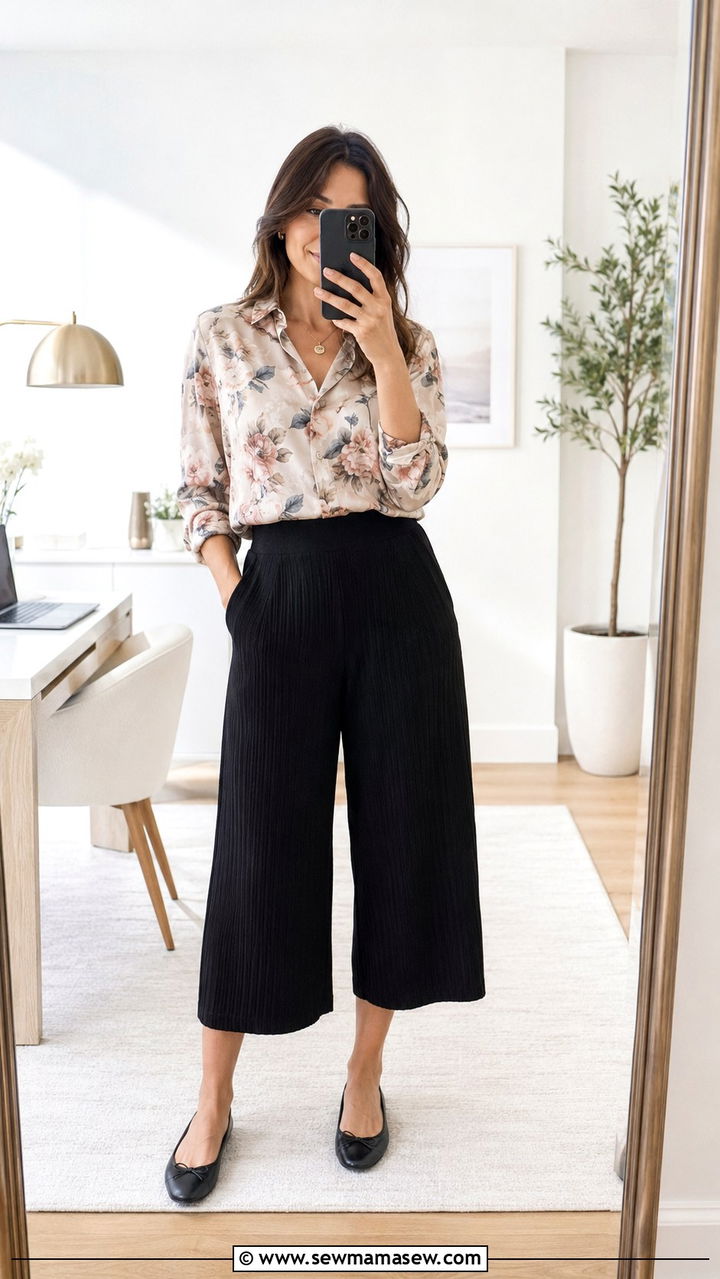 Silk blouse with knit culottes and ballet flats - 30 Spring outfit ideas for work from home