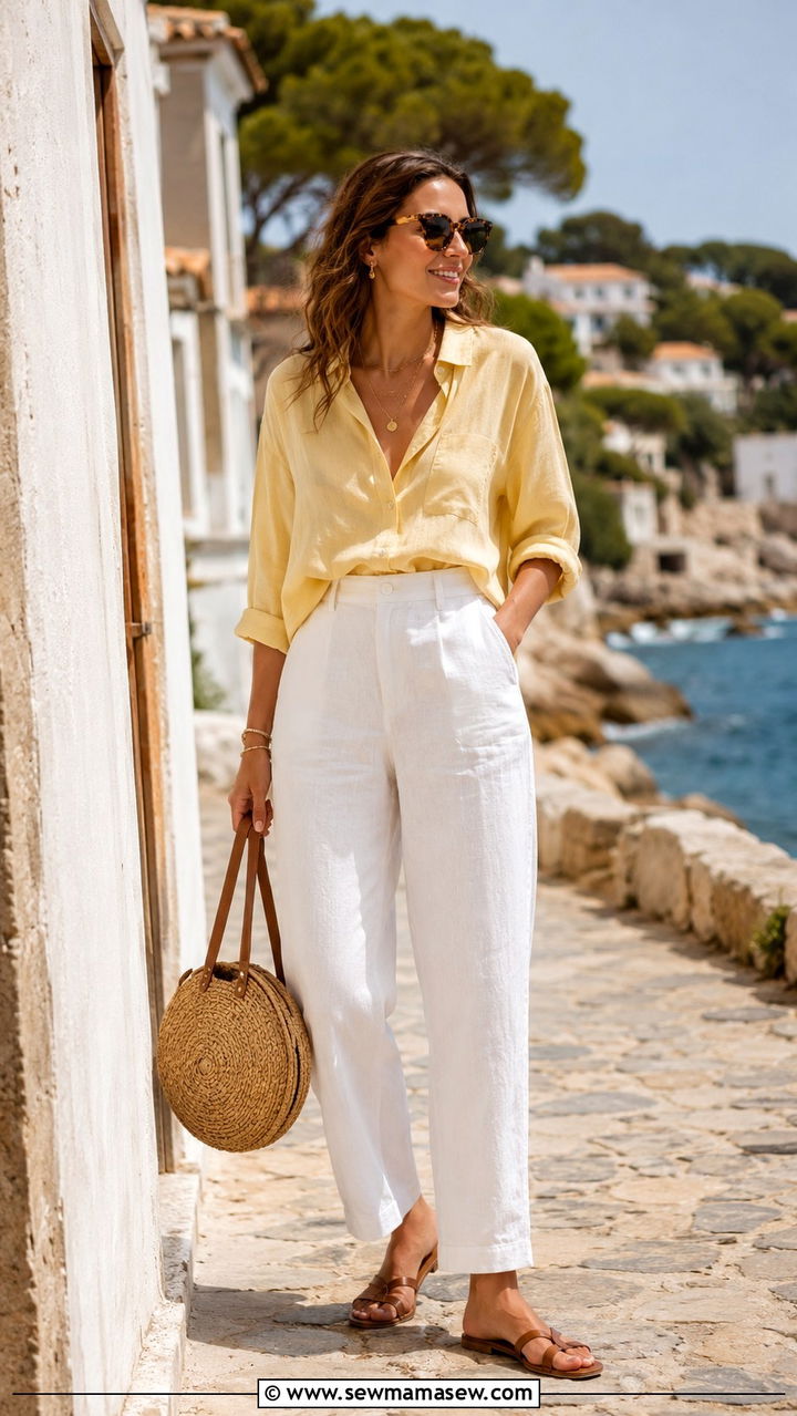 Silk blouse with linen trousers and flat sandals - 30 How to style a silk blouse