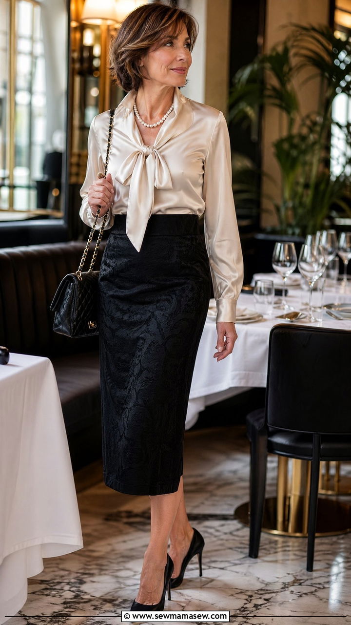 Silk blouse with midi pencil skirt - 35 French girl outfit ideas for women over 40