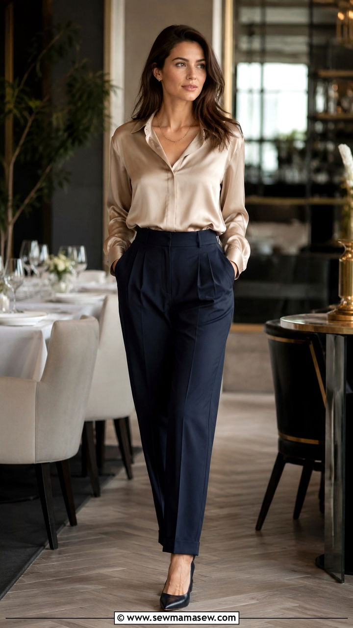 Silk blouse with pleated trousers - 25 Old money outfit ideas with trousers