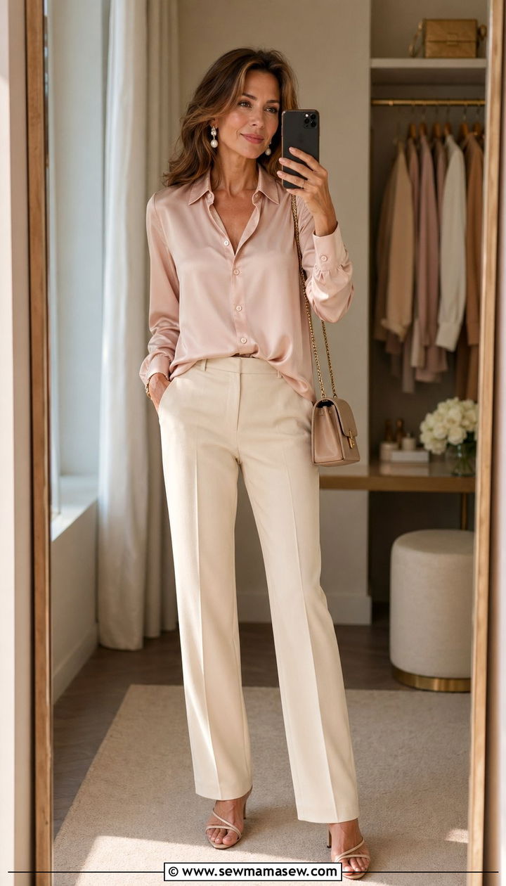Silk blouse with straight leg trousers and heeled sandals outfit - 35 Ageless outfit ideas