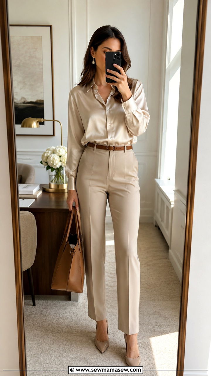 Silk blouse with straight leg trousers - 30 Old money work outfit ideas