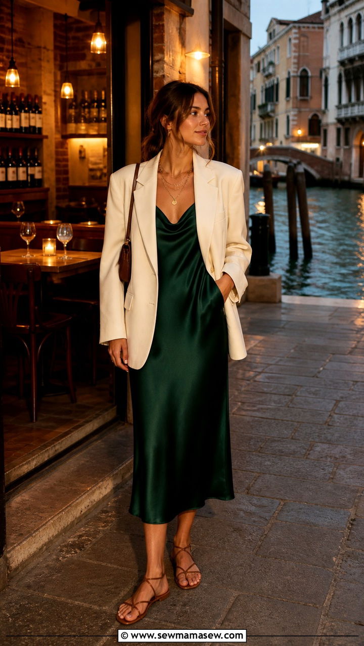 Silk blouse with tailored trousers Venice evening dinner - 40 What to wear in Venice