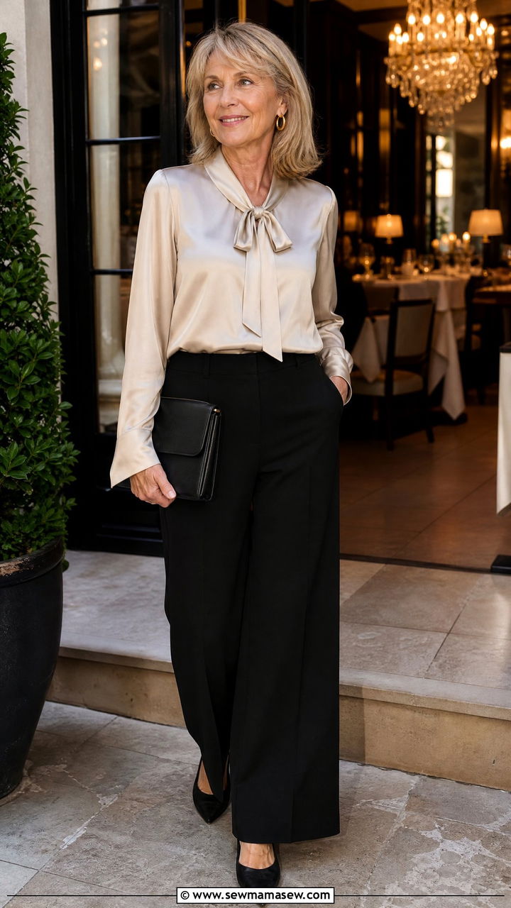 Silk blouse with wide leg black trousers - 30 French girl outfit ideas for women over 60