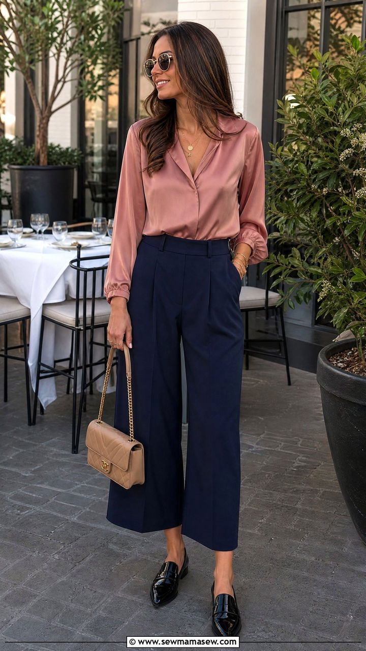 Silk blouse with wide leg cropped trousers - 25 Spring outfits with loafers