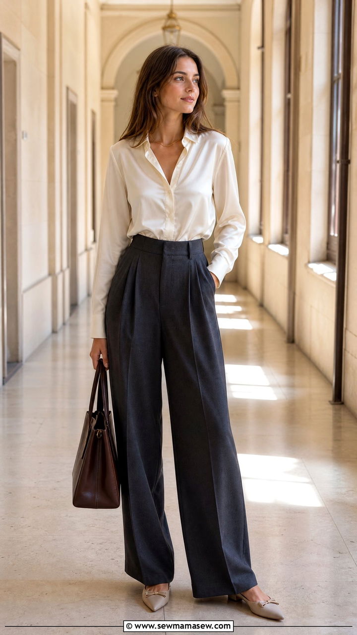 Silk blouse with wide leg trousers and pointed flats - 25 Old money outfit ideas for college