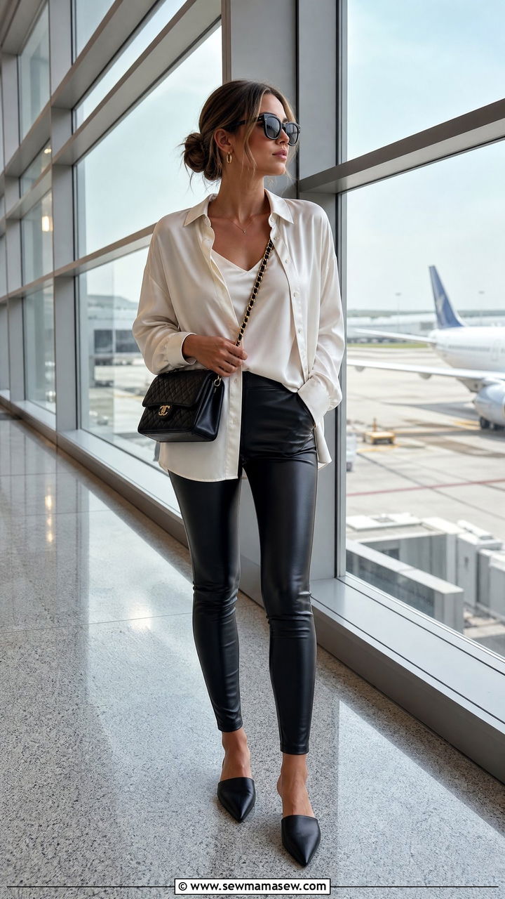 Silk button down with faux leather leggings - 35 Miami airport outfit ideas