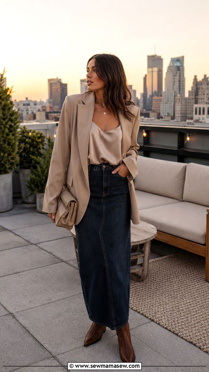 Silk camisole and blazer long denim skirt with cowboy boots - 30 Long denim skirt outfit ideas with cowboy boots