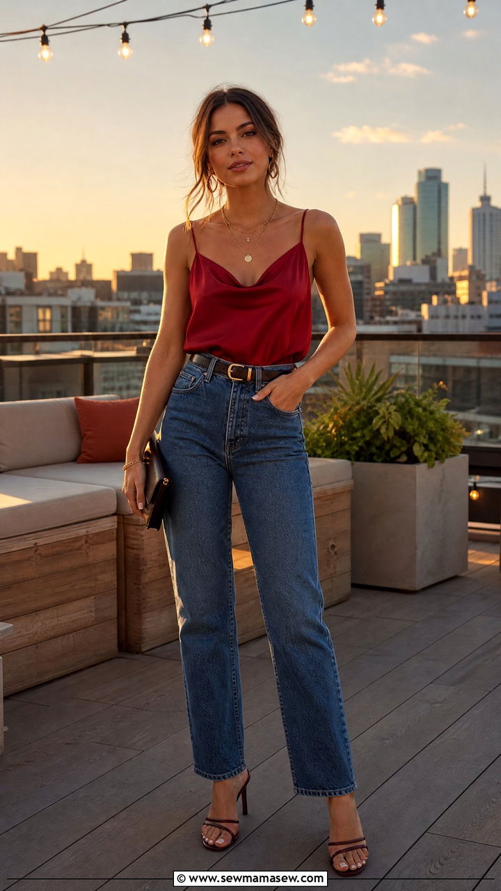 Silk camisole and high waist jeans evening look - 30 Cool evening outfit ideas