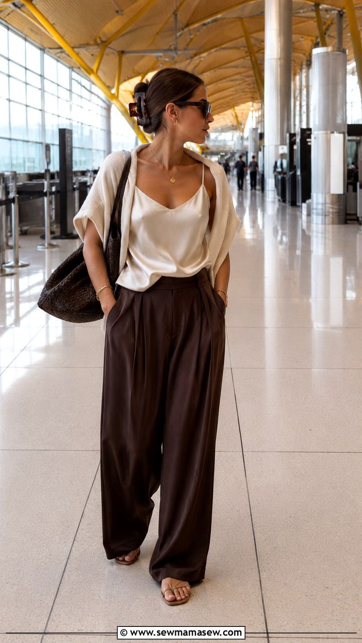 Silk camisole and wide leg trousers airport outfit summer - 25 Airport outfit ideas summer Europe