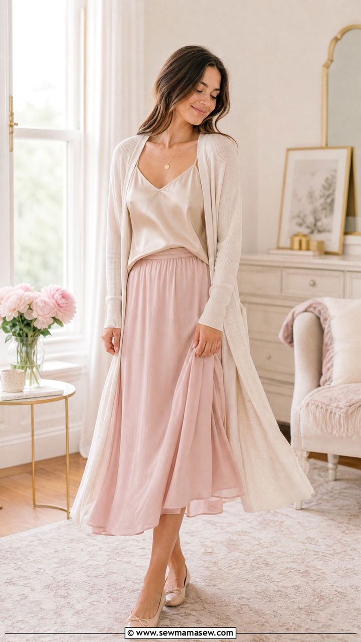 Silk camisole with cardigan and midi skirt - 25 How to style a midi skirt over 40