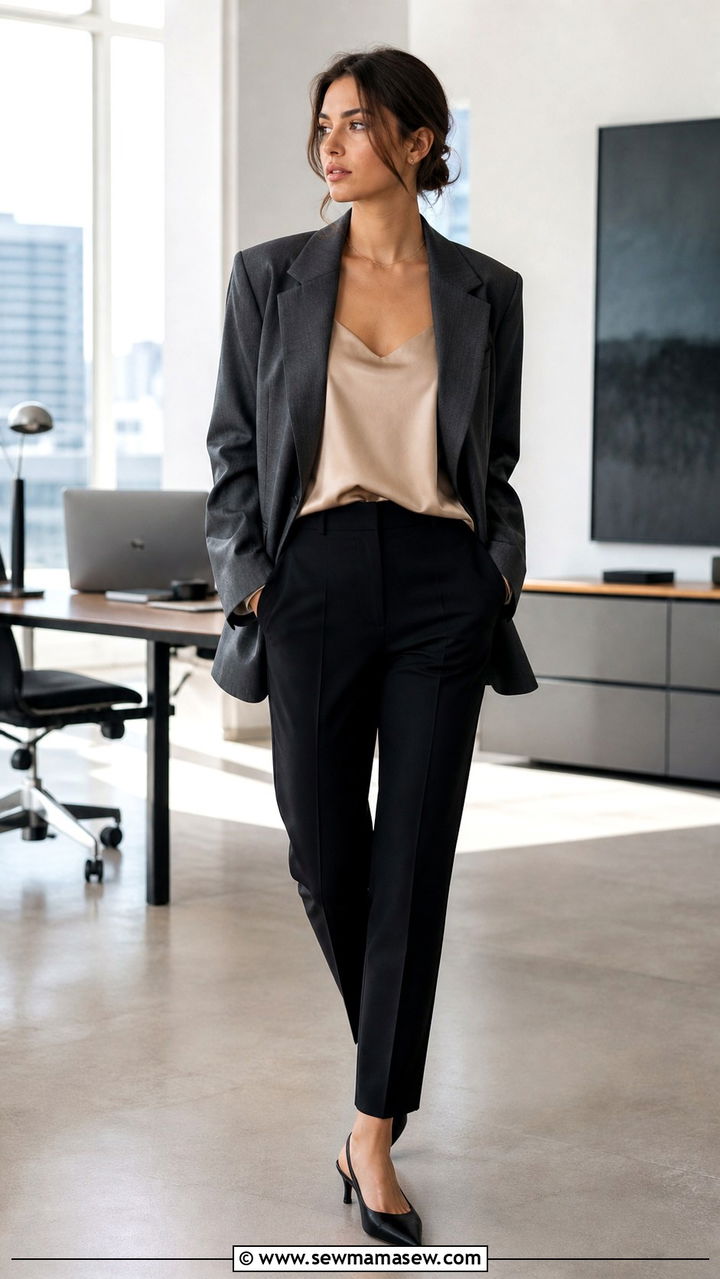 Silk camisole with oversized blazer office look - 40 office outfits 2026