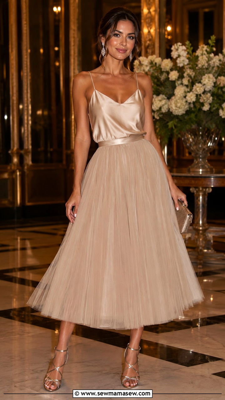 Silk camisole with tulle skirt and strappy heels - 25 Tulle skirt outfit ideas with heels