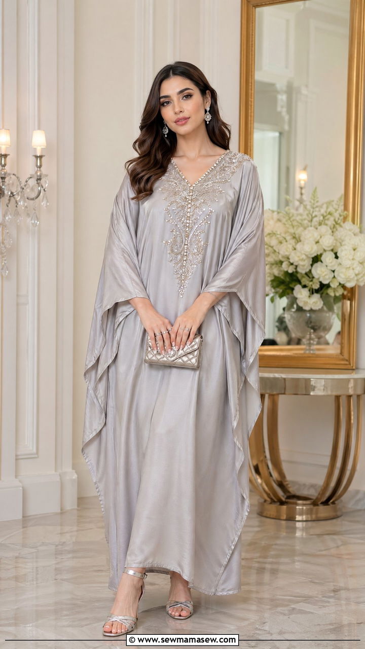 Silk kaftan with embellished neckline - 35 Eid outfit ideas modest