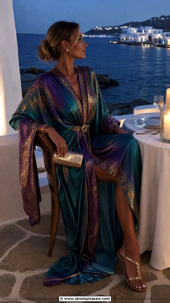 Silk kaftan with metallic sandals - 25 Mykonos outfit ideas