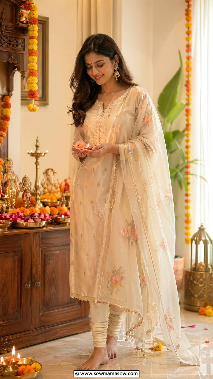 Silk kurta with churidar and organza dupatta - 35 Diwali party outfit ideas