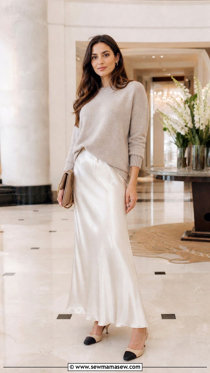 Silk maxi skirt with cashmere sweater and slingback heels - 40 maxi skirt outfits