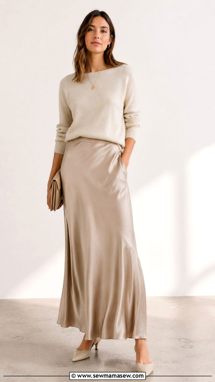 Silk maxi skirt with cashmere sweater outfit - 30 transitional work outfit ideas