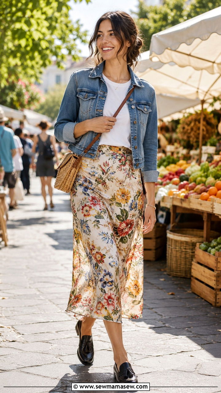 Silk midi skirt with denim jacket and tassel loafers - 30 Loafers outfit ideas with a skirt