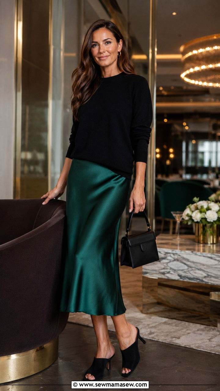 Silk midi skirt with heeled mules - 30 Midi skirt outfit ideas with heels