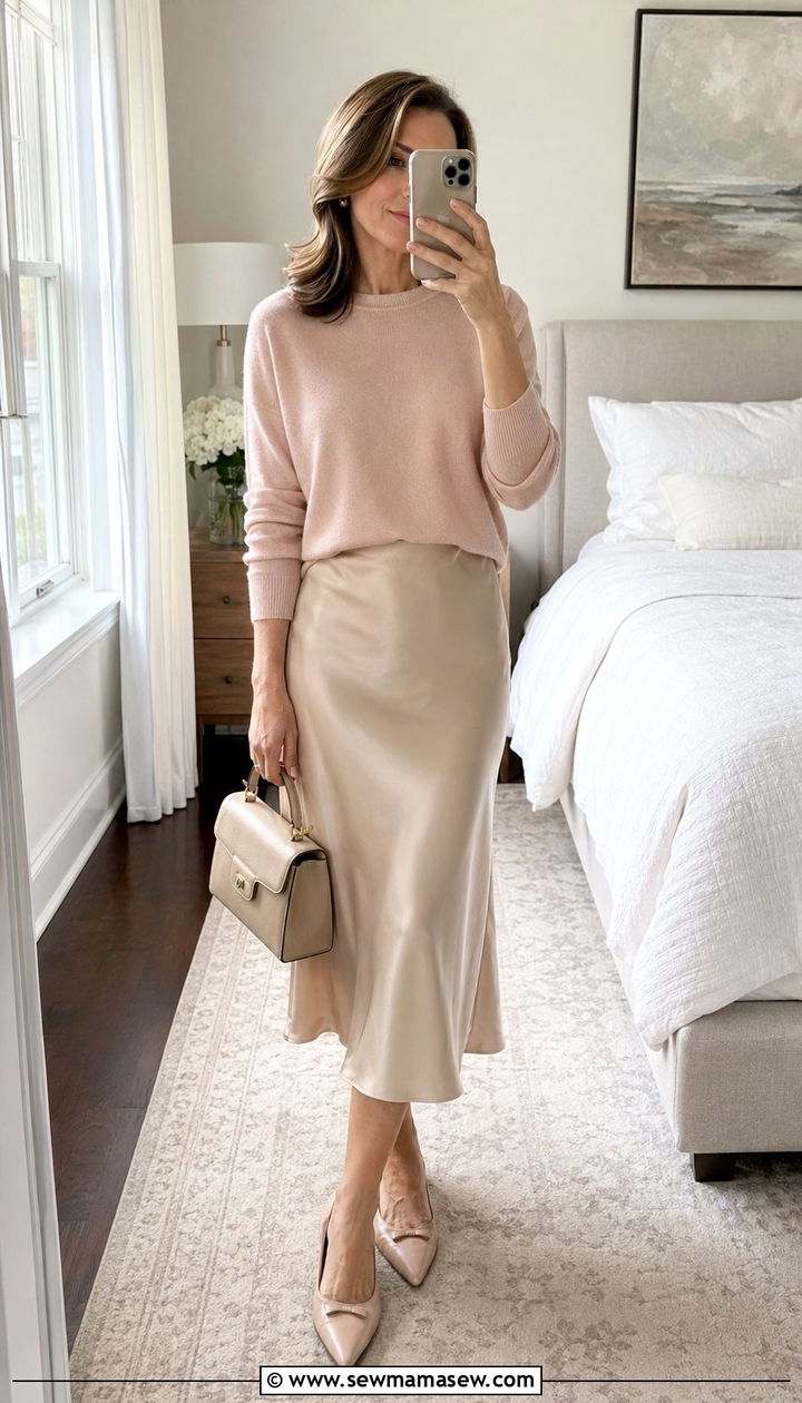 Silk midi skirt with lightweight knit outfit - 35 Ageless outfit ideas