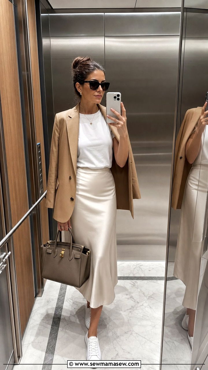 Silk midi skirt with tucked in tee and sneakers - 35 Airport outfit ideas quiet luxury