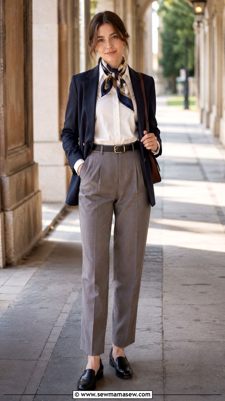 Silk neck scarf tied with button up and tailored trousers outfit - 30 School uniform hacks outfit ideas