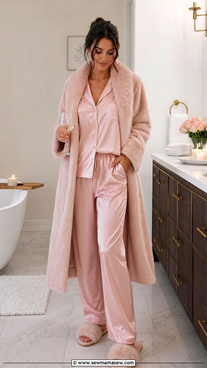Silk pajama set with a fluffy robe - 35 Hygge loungewear outfit ideas