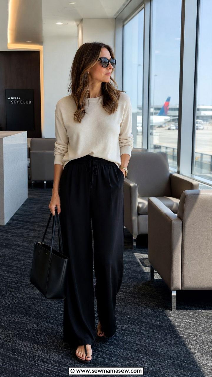Silk palazzo pants with a merino crewneck and structured tote - 30 Quiet luxury outfit ideas for airport